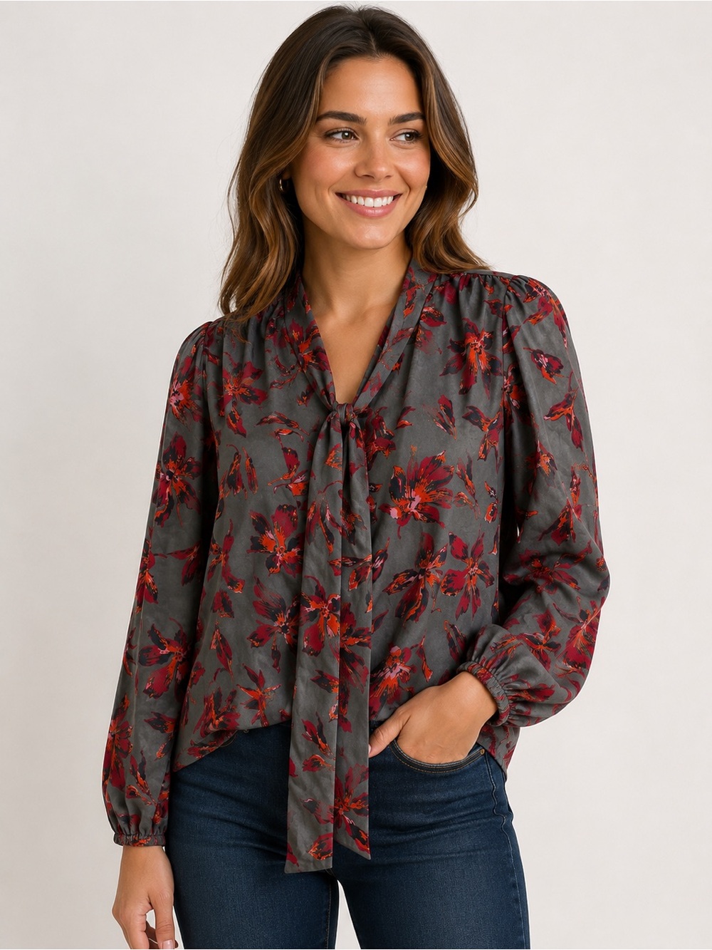 Madewell Silk Tie-Neck Floral Blouse in Charcoal with Red Print NWT